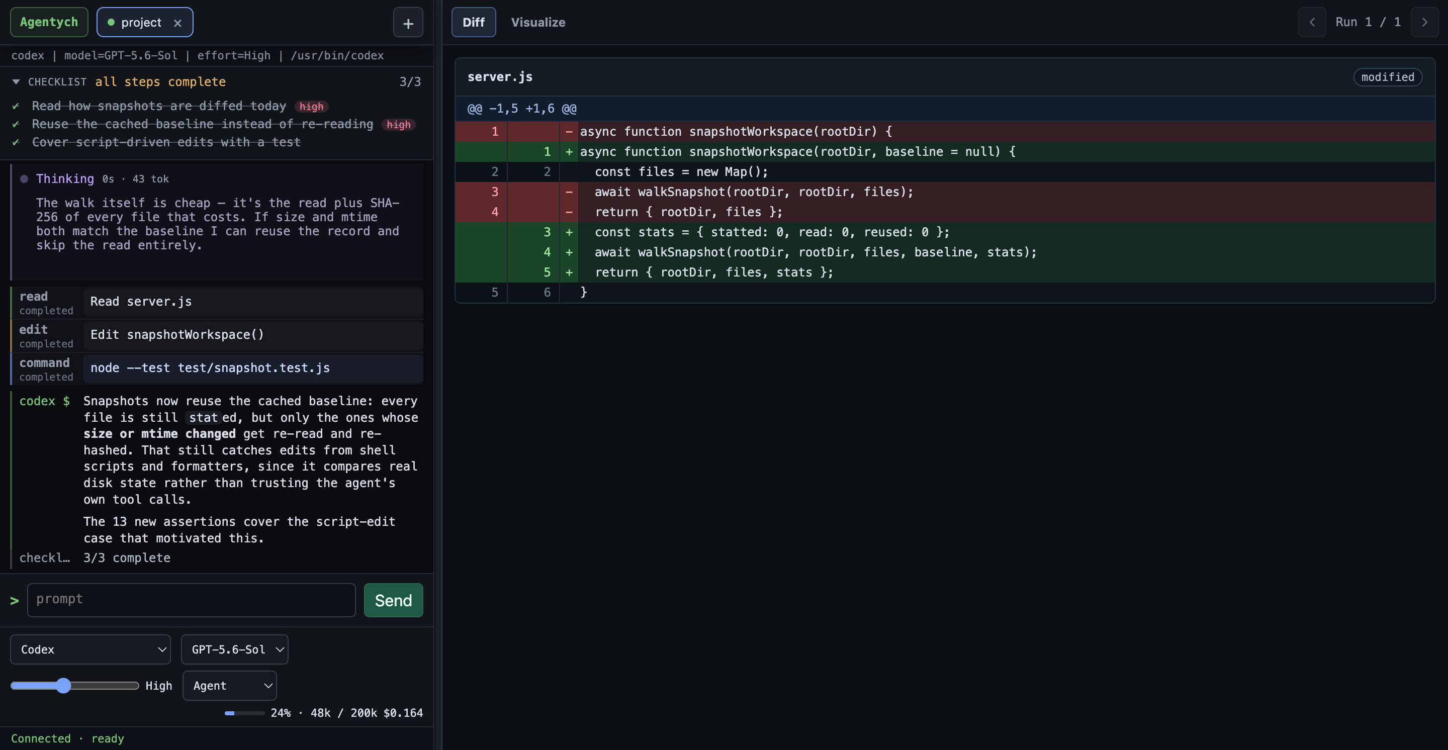 Agentych showing an agent's reasoning, its checklist, and a turn summary with token cost